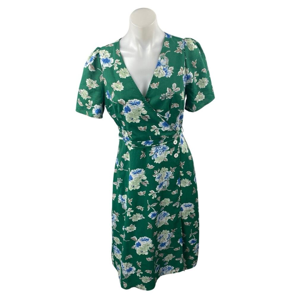Commense Green Floral Short Sleeve Tie Waist V Neck Midi Wrap Dress Size S